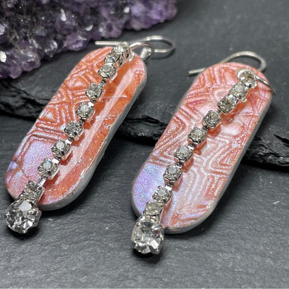 Hand Made Embossed Orange And Pink Dangle Earrings - Picture 2 of 11